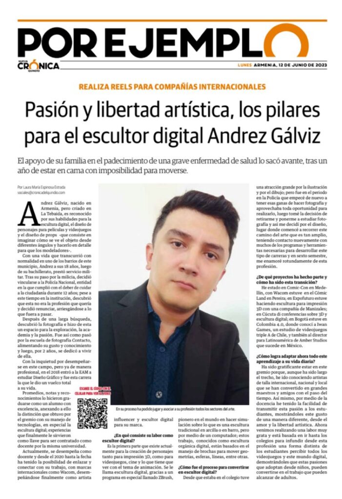 Publicación de Reconocimiento por parte del periódico de la Región a mi carrera como Escultor Digital.